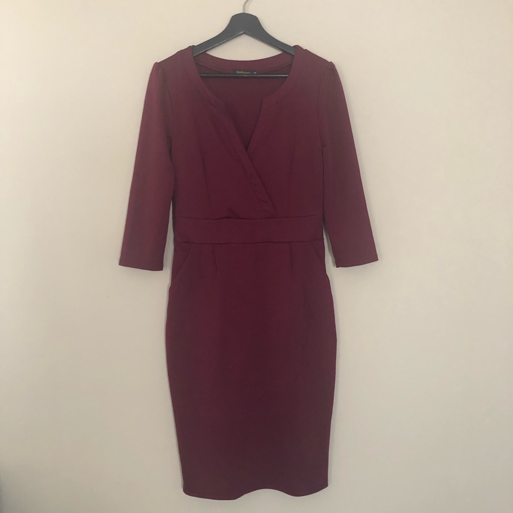 HiQueen Burgundy Pencil Dress with Pockets